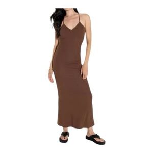 NWT Wild Fable Dark Brown Satin Cap Maxi Dress L Bodycon